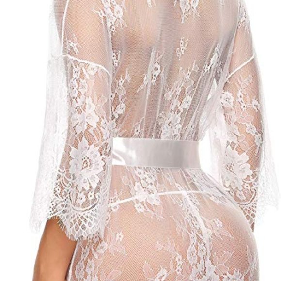 Lace Kimono Robe Babydoll Lingerie Mesh Sleepwear - Picture 4 of 5